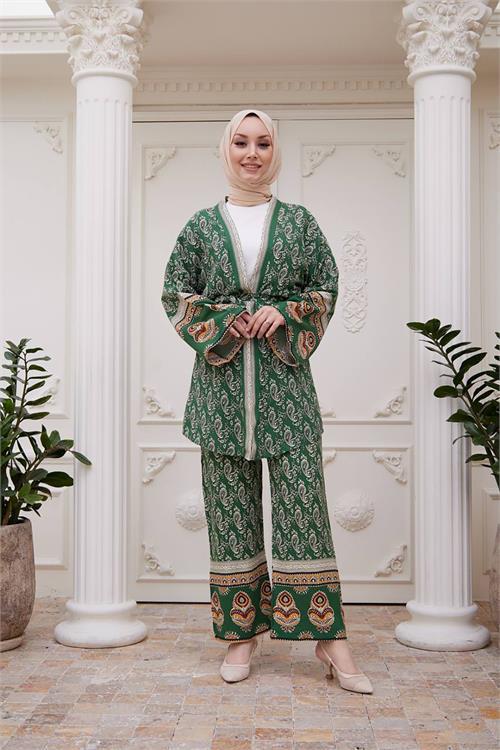 Dipmoda kadın ithal kumaş tesettür kimono takım SMS020 - Yeşil 
