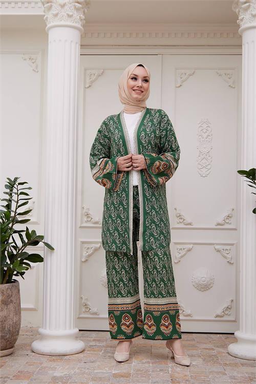 Dipmoda kadın ithal kumaş tesettür kimono takım SMS020 - Yeşil 
