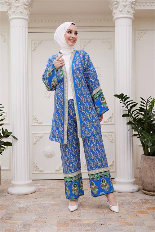Dipmoda kadın ithal kumaş tesettür kimono takım SMS020 - Mavi 
