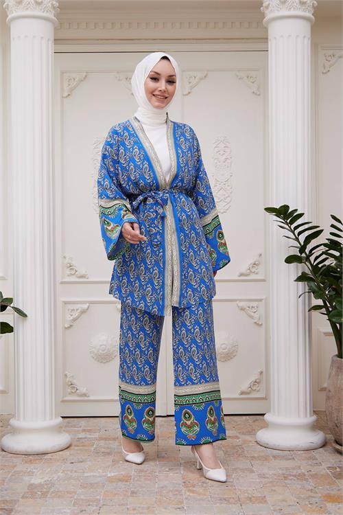 Dipmoda kadın ithal kumaş tesettür kimono takım SMS020 - Mavi 