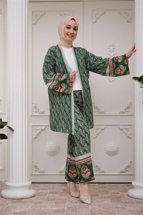 Dipmoda kadın ithal kumaş tesettür kimono takım SMS020 - Yeşil 