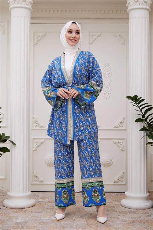 Dipmoda kadın ithal kumaş tesettür kimono takım SMS020 - Mavi 