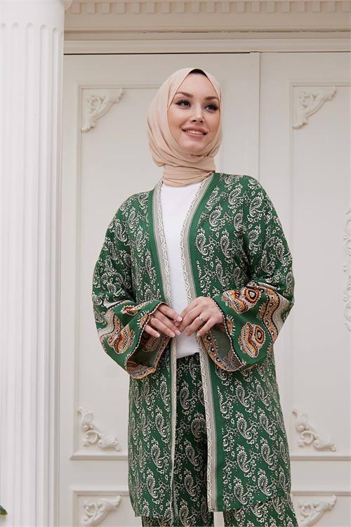 Dipmoda kadın ithal kumaş tesettür kimono takım SMS020 - Yeşil 