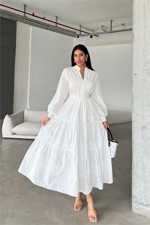 Dipmoda kadın ithal poplin dantel detaylı tasarım elbise DPMS4255