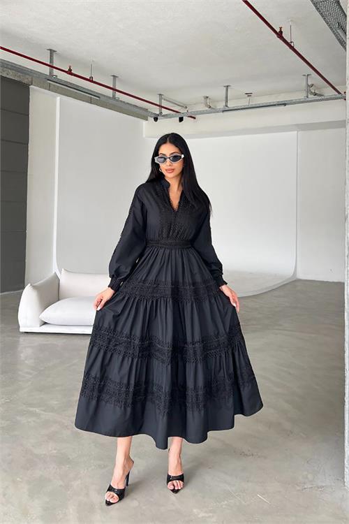 Dipmoda kadın ithal poplin dantel detaylı tasarım elbise DPMS4255