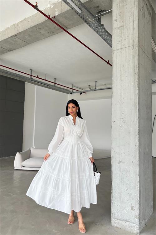 Dipmoda kadın ithal poplin dantel detaylı tasarım elbise DPMS4255