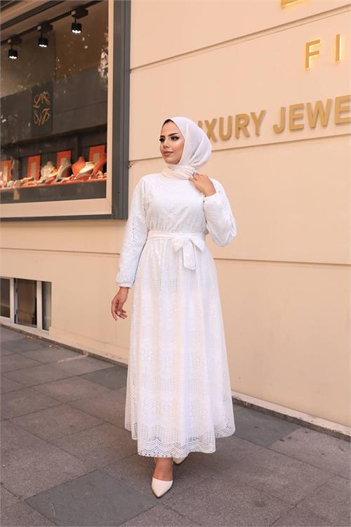Dipmoda kadın ithal tül kumaş tesettür elbise SMS021 - Beyaz 