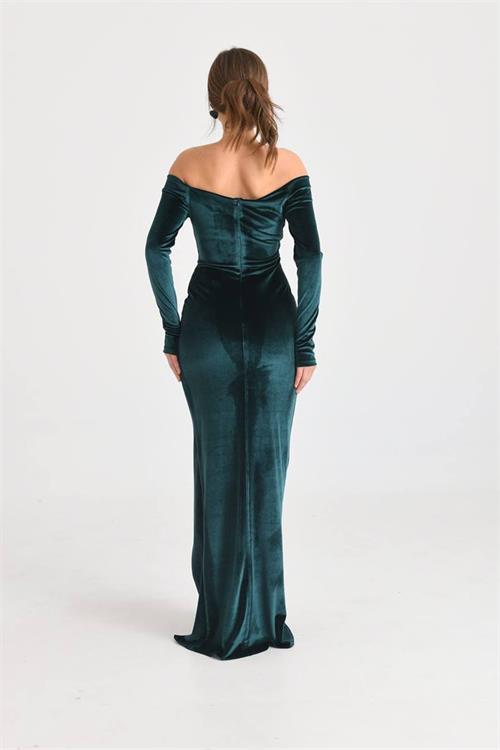 Dipmoda kadın kadife düşük omuz yırtmaçlı abiye elbise NBS9298 