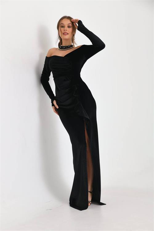 Dipmoda kadın kadife düşük omuz yırtmaçlı abiye elbise NBS9298 