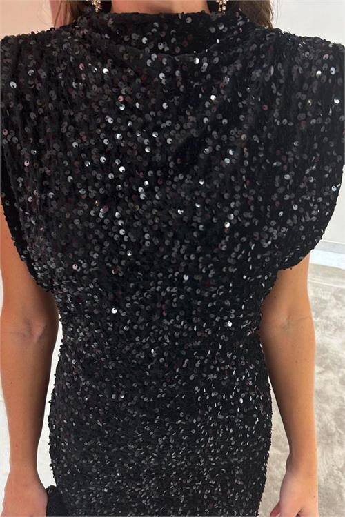 Dipmoda kadın kadife payet kumaş vatkalı abiye elbise DPNBEMP2632