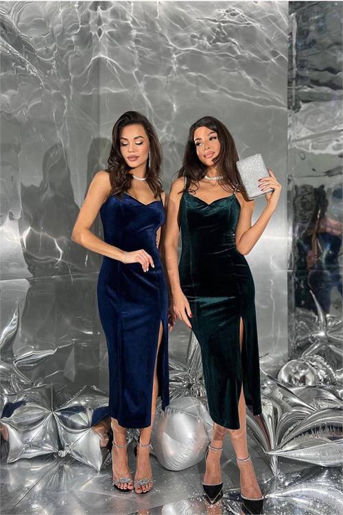 Dipmoda kadın kadife taş işlemeli abiye elbise NBEMP2554 