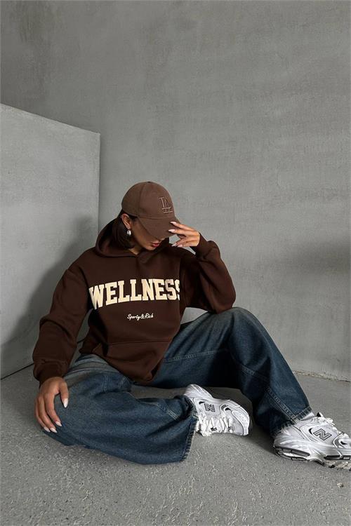 Dipmoda kadın kahve nakış detaylı kapuşonlu kışlık sweat NBG032 