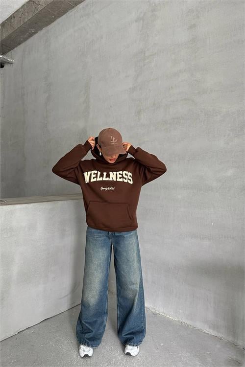 Dipmoda kadın kahve nakış detaylı kapuşonlu kışlık sweat NBG032 