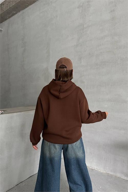 Dipmoda kadın kahve nakış detaylı kapuşonlu kışlık sweat NBG032 