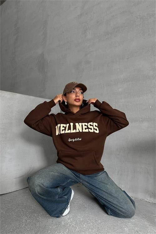 Dipmoda kadın kahve nakış detaylı kapuşonlu kışlık sweat NBG032 