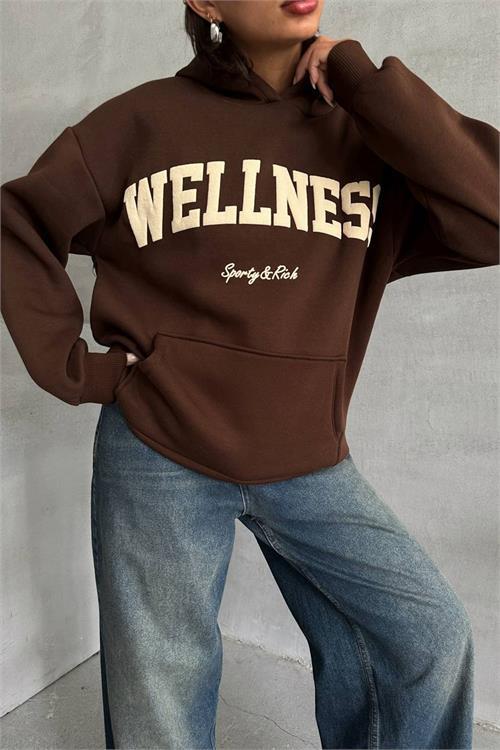 Dipmoda kadın kahve nakış detaylı kapuşonlu kışlık sweat NBG032 