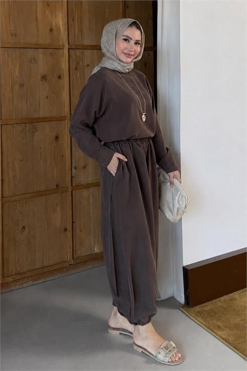 Dipmoda kadın kahverengi asimetrik tunik pantolon oversize tesnsel tesettür takım NMS104