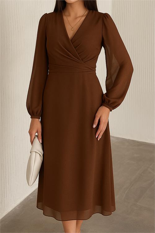 Dipmoda kadın kahverengi astarlı şifon elbise DPK30281