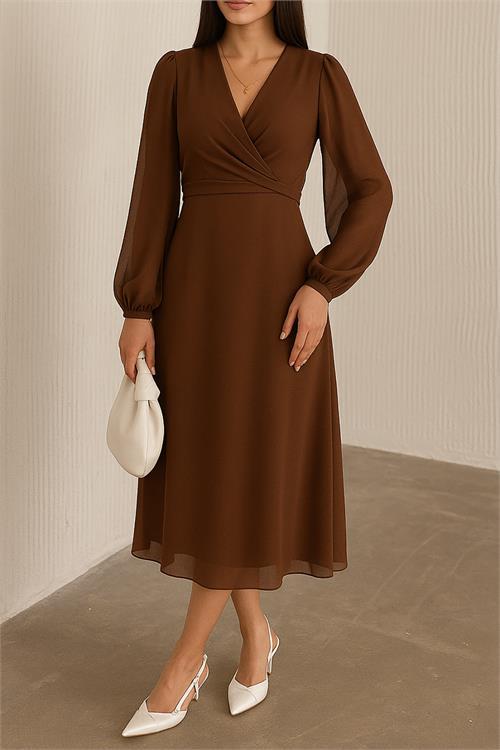 Dipmoda kadın kahverengi astarlı şifon elbise DPK30281