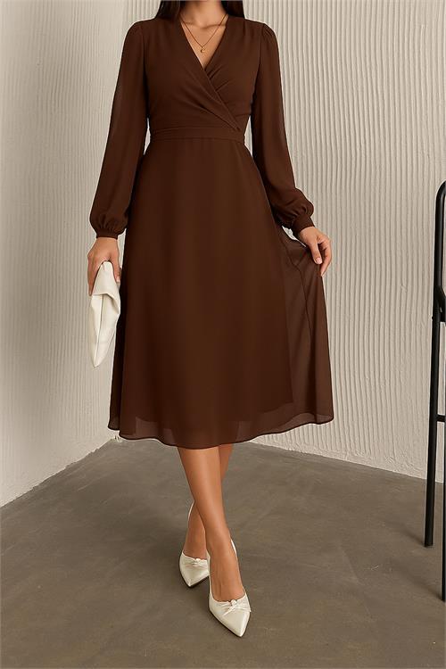 Dipmoda kadın kahverengi astarlı şifon elbise DPK30281