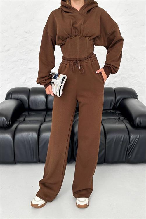 Dipmoda kadın kahverengi crop kışlık bella eşofman takımı NBG024 