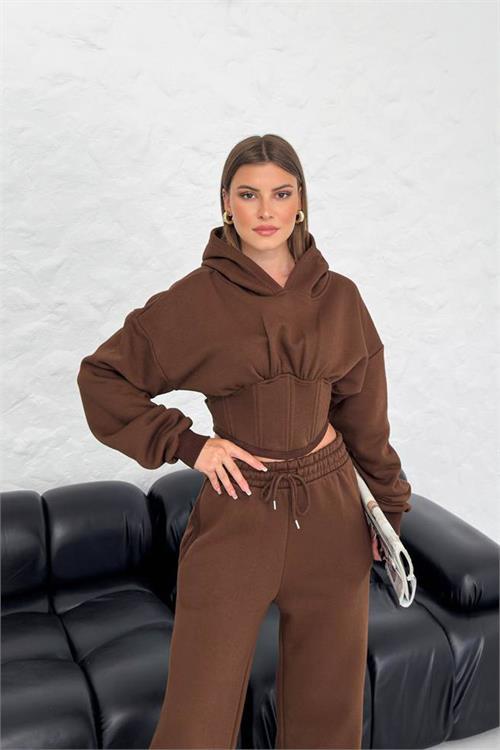 Dipmoda kadın kahverengi crop kışlık bella eşofman takımı NBG024 