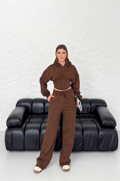 Dipmoda kadın kahverengi crop kışlık bella eşofman takımı NBG024 