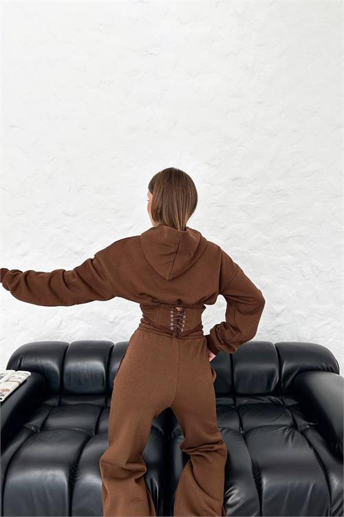 Dipmoda kadın kahverengi crop kışlık bella eşofman takımı NBG024 