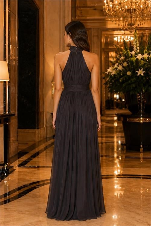 Dipmoda kadın kahverengi halter yaka janjan kumaş premium abiye elbise DPMY4128
