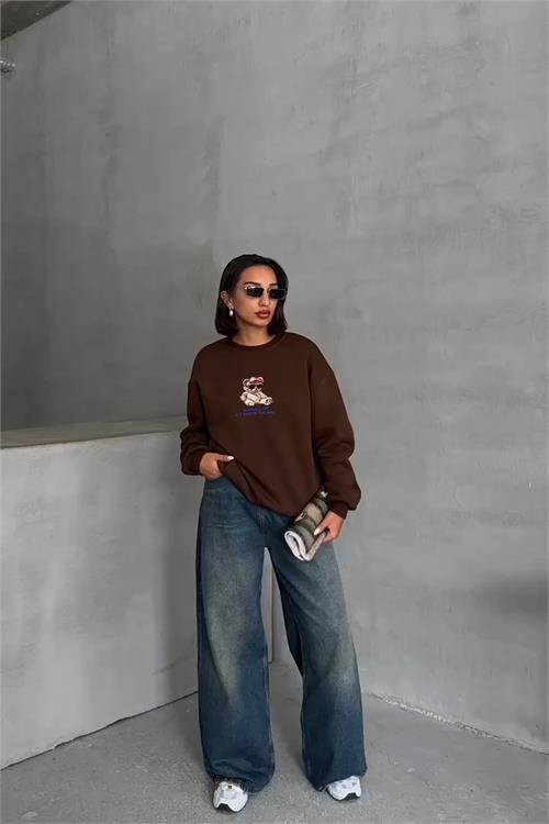Dipmoda kadın kahverengi içi pamuklu nakış detaylı sweat NBG035 