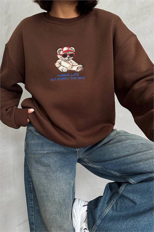 Dipmoda kadın kahverengi içi pamuklu nakış detaylı sweat NBG035 