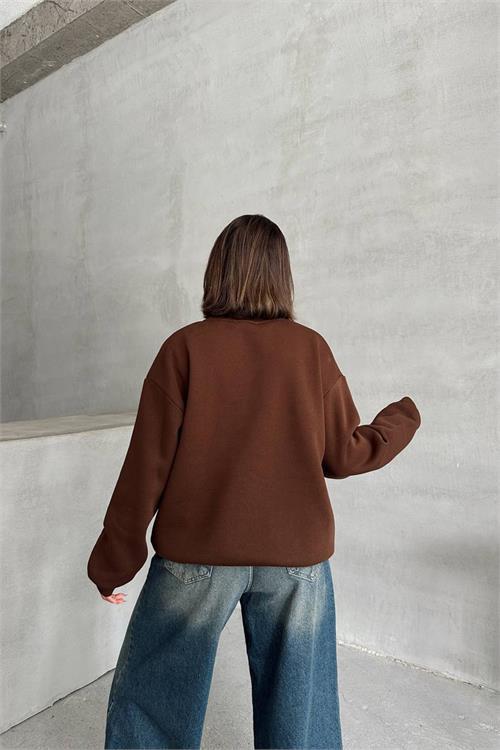 Dipmoda kadın kahverengi içi pamuklu nakış detaylı sweat NBG035 