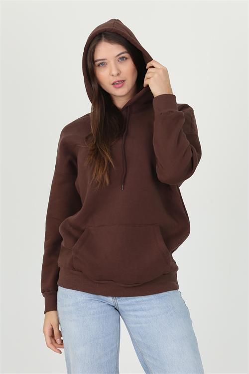 Dipmoda kadın kahverengi kapüşonlu kanguru cepli üç iplik sweatshirt FVR002 