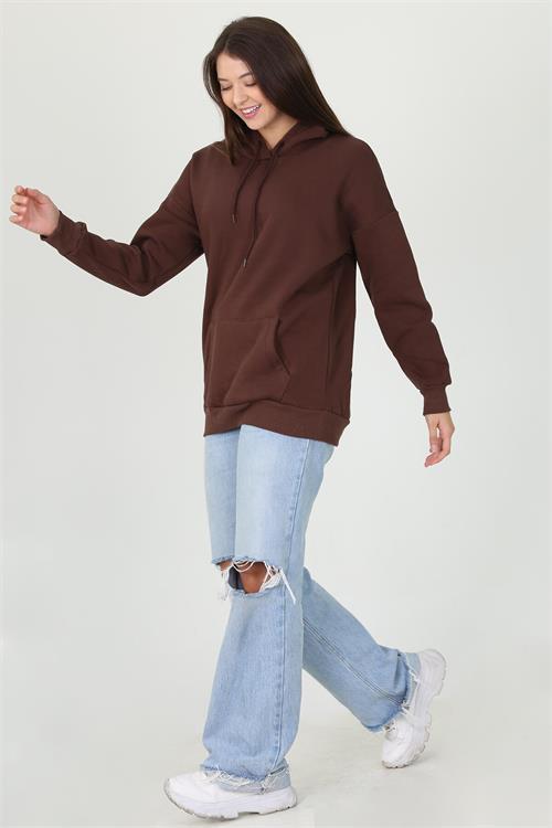 Dipmoda kadın kahverengi kapüşonlu kanguru cepli üç iplik sweatshirt FVR002 