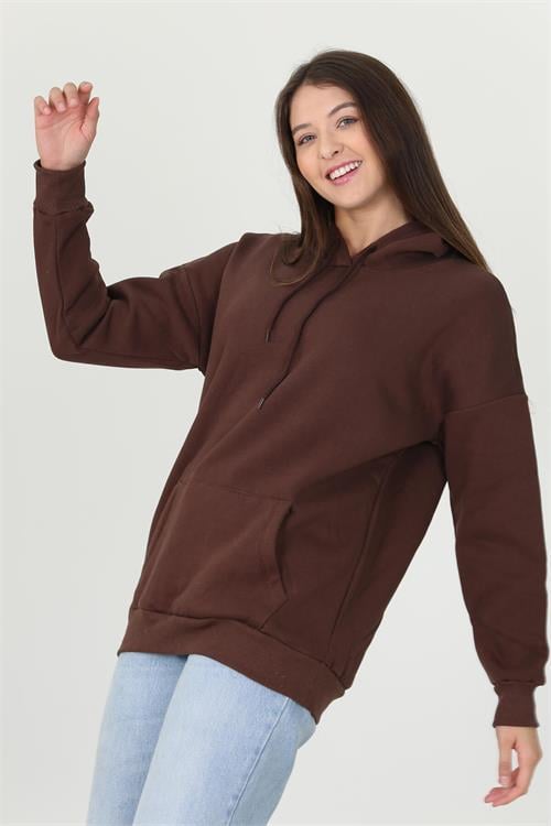 Dipmoda kadın kahverengi kapüşonlu kanguru cepli üç iplik sweatshirt FVR002 