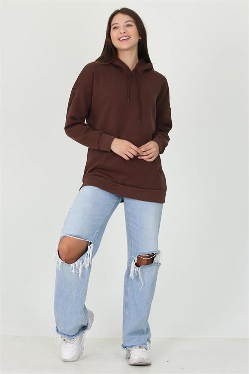 Dipmoda kadın kahverengi kapüşonlu kanguru cepli üç iplik sweatshirt FVR002 