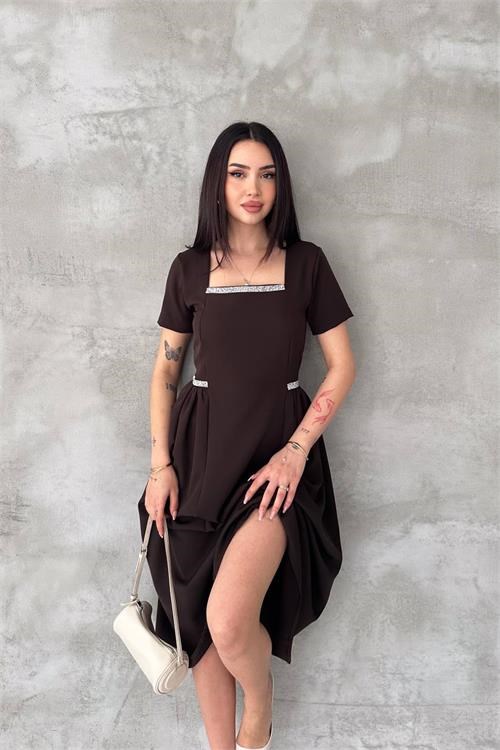 Dipmoda kadın kahverengi kare yaka taş detaylı etek drapeli midi boy elbise ---- DPK4621