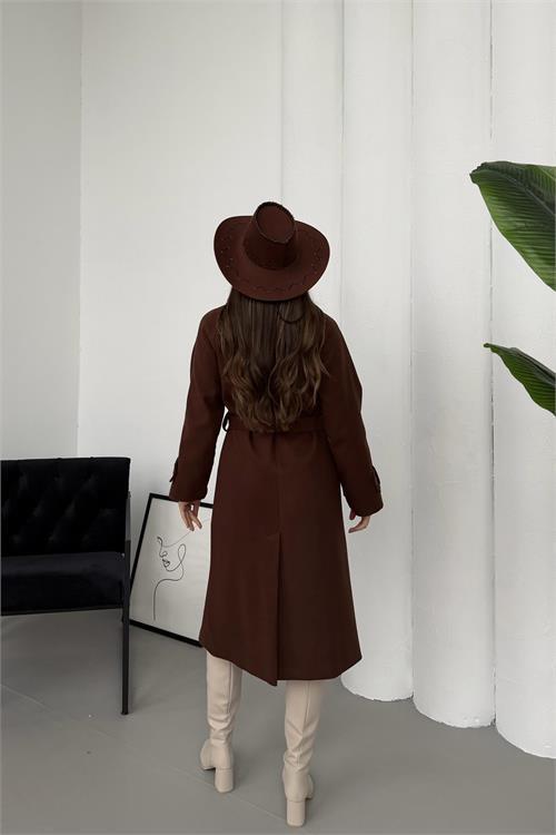 Dipmoda kadın kahverengi kuşaklı reglan kol düğmeli premium kaşe kaban DPKBN01
