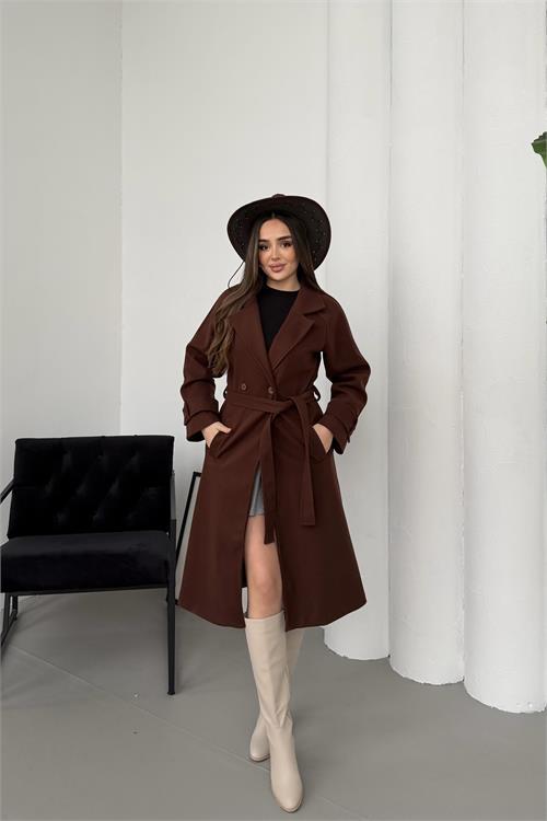 Dipmoda kadın kahverengi kuşaklı reglan kol düğmeli premium kaşe kaban DPKBN01