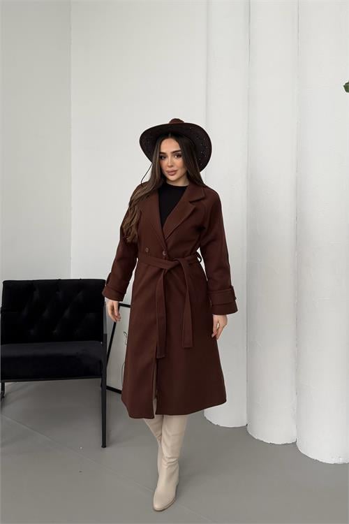 Dipmoda kadın kahverengi kuşaklı reglan kol düğmeli premium kaşe kaban DPKBN01
