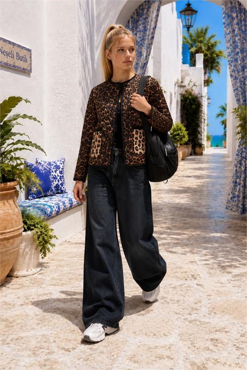 Dipmoda kadın kahverengi leopar desen cepli kapitone oversize ceket DPHT04