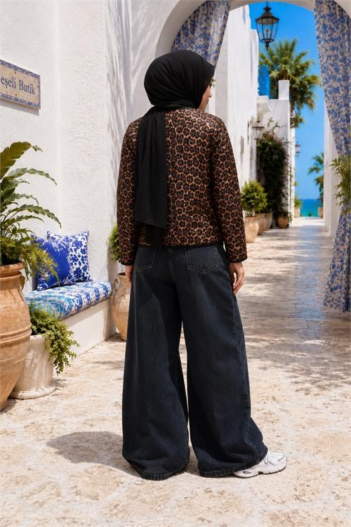 Dipmoda kadın kahverengi leopar desen cepli kapitone oversize ceket DPHT04