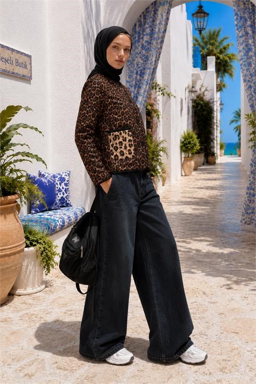 Dipmoda kadın kahverengi leopar desen cepli kapitone oversize ceket DPHT04