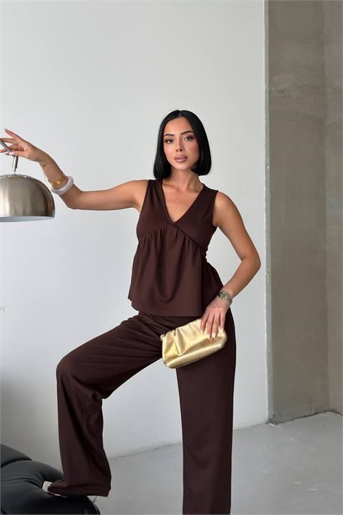 Dipmoda kadın kahverengi modal kumaş volanlı atlet geniş paça pantolon yazlık ikili takım DPG132