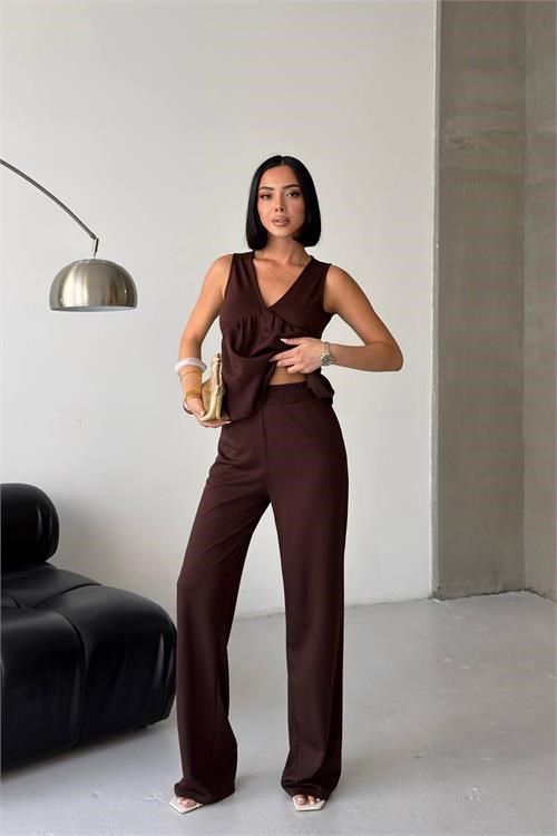 Dipmoda kadın kahverengi modal kumaş volanlı atlet geniş paça pantolon yazlık ikili takım DPG132