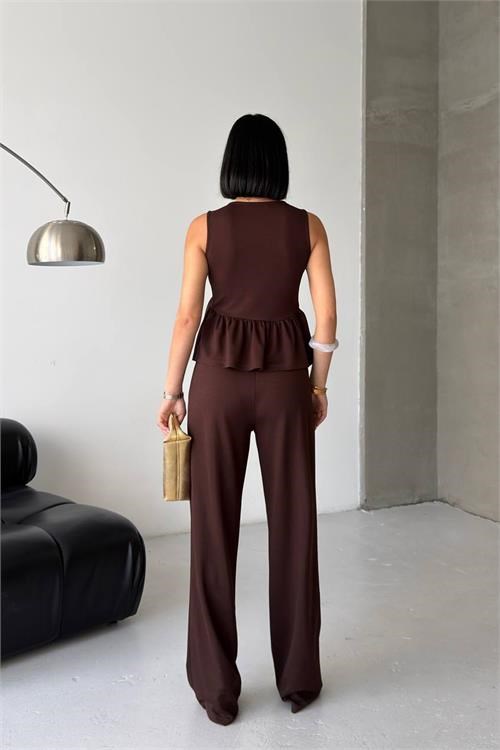 Dipmoda kadın kahverengi modal kumaş volanlı atlet geniş paça pantolon yazlık ikili takım DPG132