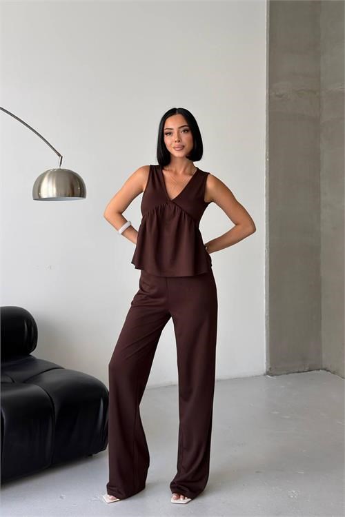 Dipmoda kadın kahverengi modal kumaş volanlı atlet geniş paça pantolon yazlık ikili takım DPG132
