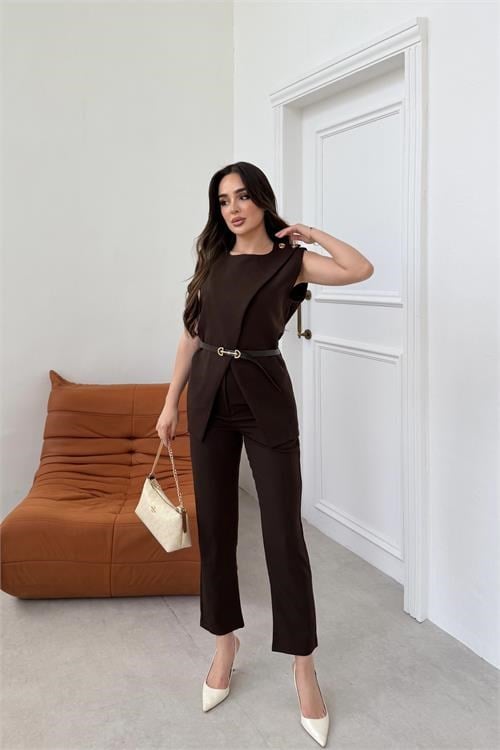 Dipmoda kadın kahverengi omuz düğme detaylı kolsuz blazer pantolon takım ---DPTKM4061