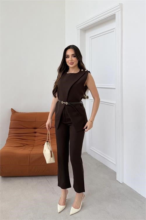 Dipmoda kadın kahverengi omuz düğme detaylı kolsuz blazer pantolon takım ---DPTKM4061