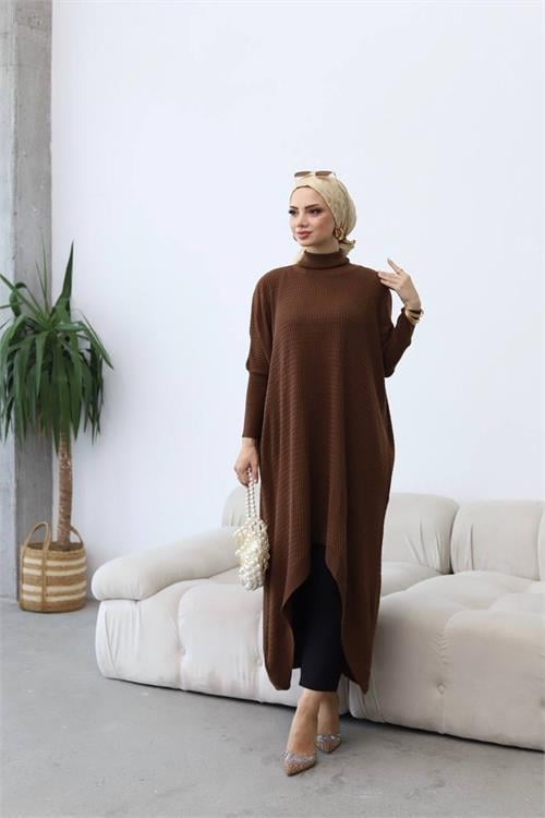 Dipmoda kadın kahverengi oversize asimetrik tesettür elbise NMS013 